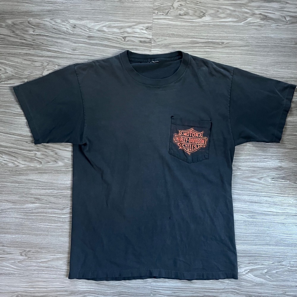 Vintage 90's Harley-Davidson Sun Faded Black Flame Skull Pocket T-Shirt Size XL